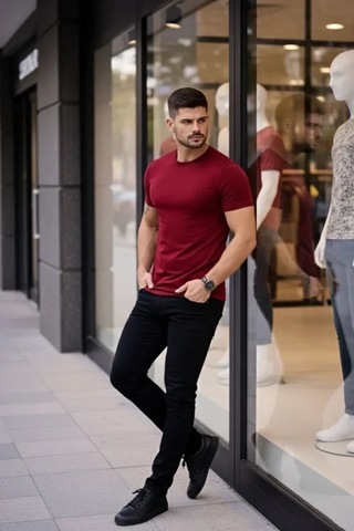 Vexor Erkek T-shirt Bisiklet Yaka Slim Fit Dar Kesim Likralı Tişört Günlük Basic Body - Bordo