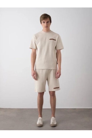 Erkek Çocuk Sırt Baskılı Pamuklu Oversize T-shirt Şort Takım-15798 Bej