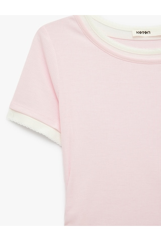 Koton Slim Fit Bisiklet Yaka Kısa Kollu Katmanlı Dantel Detaylı Tişört Pembe 6sak50468ek Gül