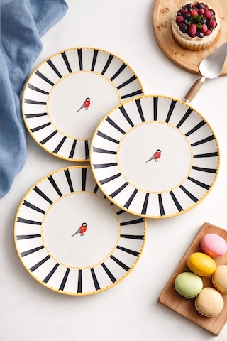 Grandora Kuş Desenli Siyah Çizgili 6 Lı Pasta Ve Tatlı Tabağı Seti 20 Cm Modern Sunum Ve Kahvaltı Tabakları Siyah