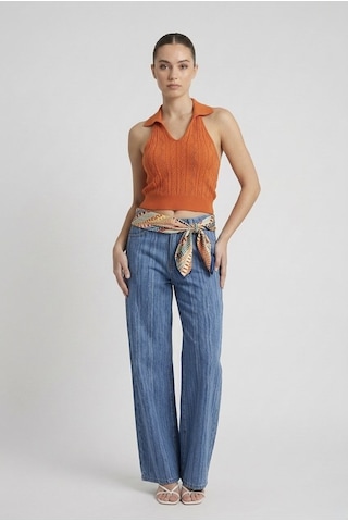 Neden Tekstil Kadın Polo Yaka Sırt Dekolteli Crop Bluz - Turuncu