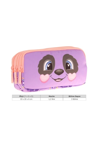 Kaukko Kids Üç Bölmeli Mor Somon, Panda Desenli, Kız Çocuk Okul Kalemliği - L8233 Mor - Somon