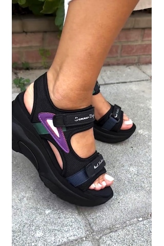 Sms 3031 Kadın Dolgu Havalı Taban Masajlı Spor Sandalet Siyah Siyah