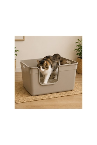 Pribor Yüksek Kenarlı Yarı Açık Kedi Tuvaleti, Geniş Ve Kolay Temizlenebilir 54 X 40 X 32 Cm Bej