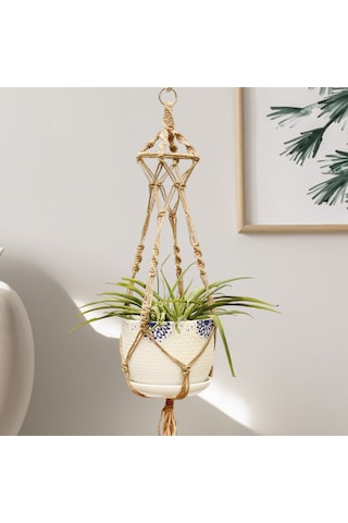 Dekoratif Püsküllü El Dokuması Makrome Bitki Sepeti - İç Ve Dış Mekanlar İçin Boho Şık Asma Ekici