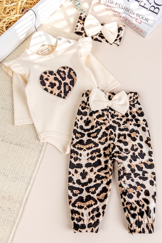 Babymod Leopar Desenli 3'lü Pamuklu Kız Bebek Takım Set Bej