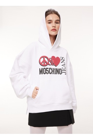 Moschino Jeans Kapüşon Yaka Baskılı Beyaz Kadın Sweatshırt A1710