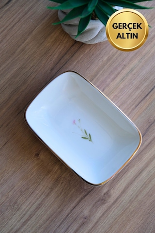 Tabak Evi Porselen Natura Çuha Altın Yaldızlı Dikdörtgen Kayık Tabak 14x9,8cm Tekli Çok Renkli