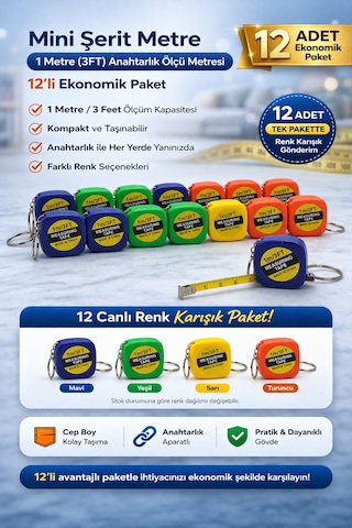 Mini Şerit Metre 1 Metre 3ft Anahtarlık Ölçü Metresi Taşınabilir Cep Metre 12 Adet