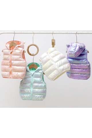 Parlak Puffy Teddy Kulaklı Pufudik Şişme Yelek Pufudik Pembe Kız Çocuk Yelek Pembe