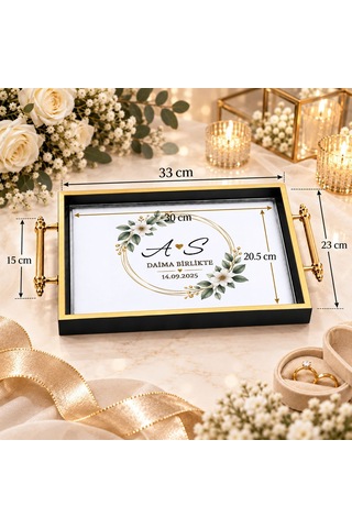 Bk Gift Kişiye Özel Siyah&gold Söz Nişan Tepsisi-7 - 39x23 Cm Çok Renkli