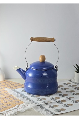 Alev Vintage Ahşap Saplı Emaye Demlik Kettle 2,5lt Mavi