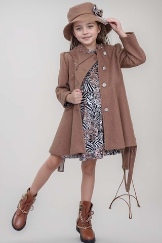 Riccotarz Kız Çocuk Leopar Desen Elbise Taş İşleme Yaka Boydan Düğme Ve Kemer Detaylı Kahverengi Kaşe Kaban Kahverengi