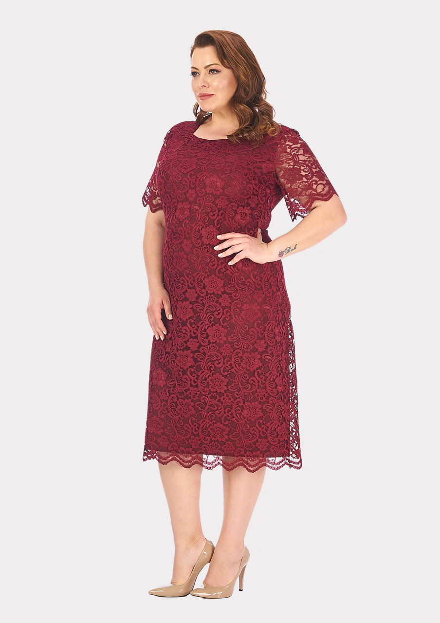 Lilas Xxl Büyük Beden Bordo Renkli Dantel Bordo Abiye Elbise Bordo