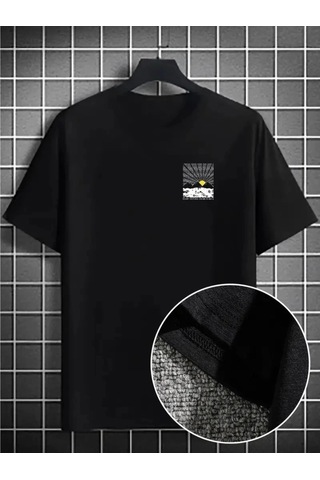 Zenna Tarz Erkek Dağ Grafikli Tişört, Yaz Için Büyük Beden Rahat T-shirt - Siyah