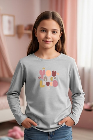 Yuvarlak Yaka You Are Loved Baskılı Kız Çocuk Sweatshirt Gri