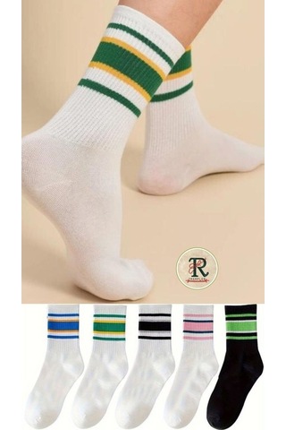 Trampler Pamuklu Çemberli Çizgili Kolej Tenis Unisex Çorap 5 Çift - Çok Renkli