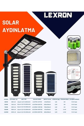Lexron - İnges 600 Watt Solar Aydınlatma - Güneş Enerjili Armatür - Solar Bahçe Ve Sokak Lambası