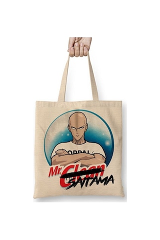 Toyaso One Punch Man Saitama Bez Çanta Uzun Saplı Alışveriş Çantası Plaj Çantası Beyaz