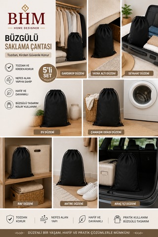 5'li Büzgülü Saklama Çantası 35x45 Cm Nefes Alan Ayakkabı Kılıfı Toz Koruyucu Organizer Siyah