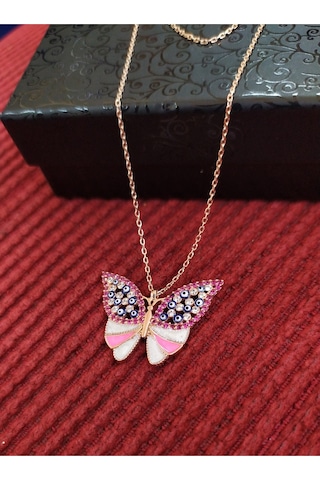 Modahilye - 925 Ayar Gümüş Pembe Kelebek Nazar Boncuklu Rozegold Renk Kolye Rose Gold