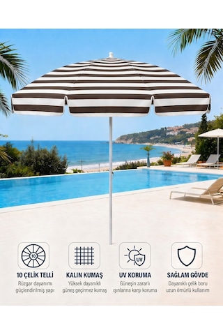 Plaj Şemsiyesi Balkon Bahçe Güneş Şemsiyesi 200cm 10 Telli Uv Korumalı Kahverengi