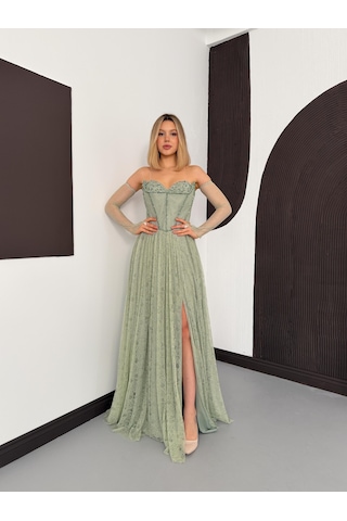 Livanomi Bolerolu İşlemeli Mint Yeşili Dantelli Abiye