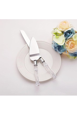 Mucit Home Kristal Saplı Pasta Servis Seti Spatula Bıçak Ikili Set Beyaz