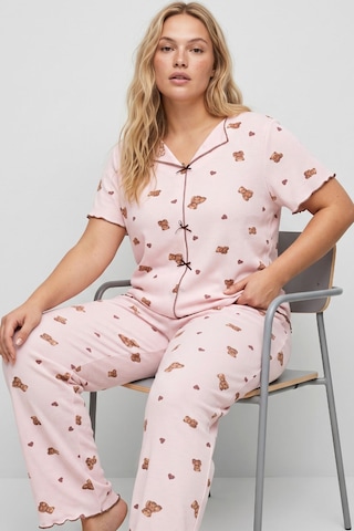 Siyah İnci Beden Fitilli Kaşkorse Örme Pijama Takım26120851 Pembe Ayıcık