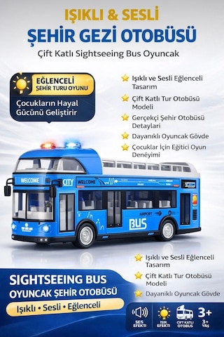 Sesli Işıklı Sürtmeli Büyük Boy Eğitici Oyuncak Araba Gezi Otobüsü Mavi