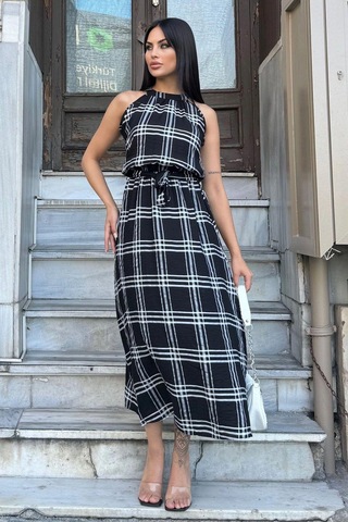 Kadın Siyah Ekose Desenli, Halter Yaka, Kendinden Kemerli Uzun Salaş Elbise Siyah