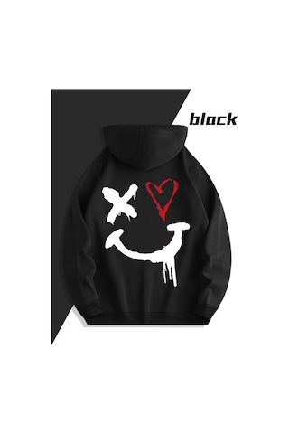 Nevermind Sevgili Çift Kombin Hoodie Yüz Kalp Baskılı Oversize Kapüşonlu Sw Siyah