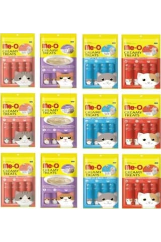Me-O Creamy Treats Yengeçli Kedi Ödülü 3'lü 4 x 15 G + Tavuklu ve Ciğerli 3'lü 4 x 15 G + Ton Balıklı 3'lü 4 x 15 G + Somonlu 3'lü 4 x 15 G