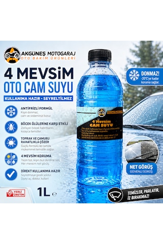 Akgüneş Motogaraj 1 Lt 4 Mevsim Antifrizli Oto Cam Suyu - Kullanıma Hazır, Seyreltilmez, Böcek Ve Çamur Temizleyici, Donmaya Karşı Koruma