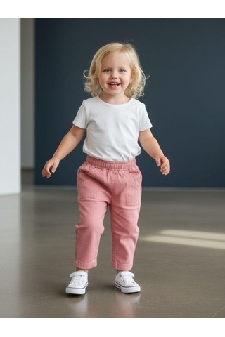 Zekids Kız Bebek Yumuşak Dokulu Cep Detaylı Beli Lastikli Pantolon-16522 Gül Kurusu