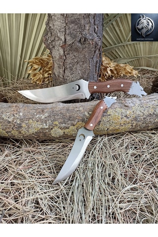 Kurtbey Outdoor Süper İkili Avcı Babalı Oğul Kurt Model Büyük Boy 30cm+22cm Ceviz Kabze Kamp Bıçağı Kahverengi