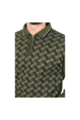 Kamalı Erkek Çelik Örgü Gömlek Yaka Fermuarlı Polo Yakalı Çizgili Desen Tüylenmeyen Triko Kışlık Baba Kazak Haki