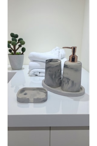 4 Lü Taş Banyo Seti Beyaz - Gri Mermer Desenli 4'lü Sabunluk Seti 18 Cm Gri