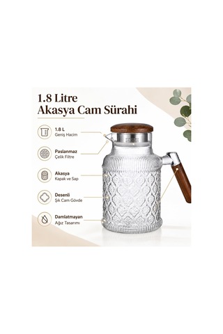 Lexroo 1.8 Litre Akasya Kapaklı Cam Sürahi Isıya Dayanıklı & Şık Tasarım