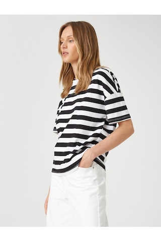 Koton Relax Fit Tişört Kısa Reglan Kollu Pamuklu Siyah Çizgili 1yap13207ek Siyah