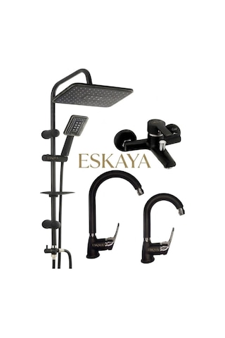 Eskaya Siyah Krom 4lü Full Set Robot Duş Banyo Bataryası Banyo Lavabo Ve Mutfak Eviye Musluğu Diğer