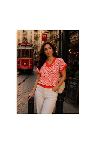 Hira Life Fashion Sfg Life Moda Kadın V Yaka Kare Desenli Şık Süveter Turuncu Turuncu