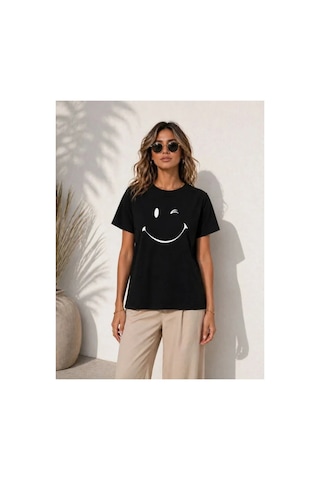 Butik İstanbul Minimal Gülümseyen Yüz Baskılı Tişört Kısa Kol Yazlık T-shirt - Siyah