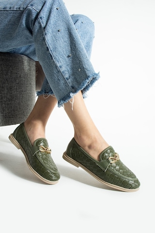Lebibe Shoes Maby Kadın Haki Örgü Dokulu Zincir Detaylı Loafer Düz Ayakkabı Babet
