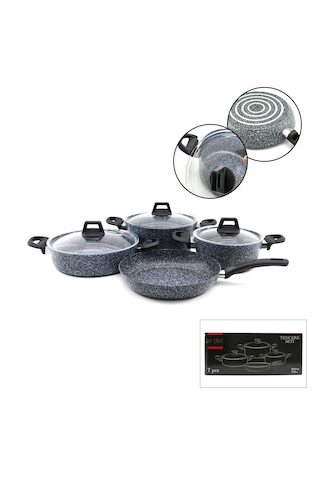 Gri 7 Parça Granit Tencere - Tava Seti 20-24cm Derin - 27cm Basık Cam Kapak Tencere - 26cm Tava Çok Renkli