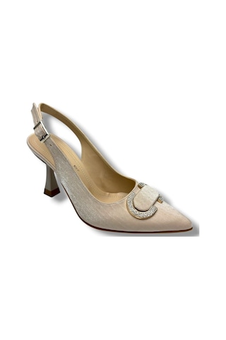 Desire 452-26 Çizgili Saten Taşlı Tokalı İnce Topuk Kadın Stiletto 8,5cm Bej