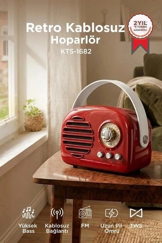 Delux Serisi Torima Bluetooth Hoparlör Nostaljik Radyo Kts-1682 Kırmızı Müzik Teknoloji Eğlence