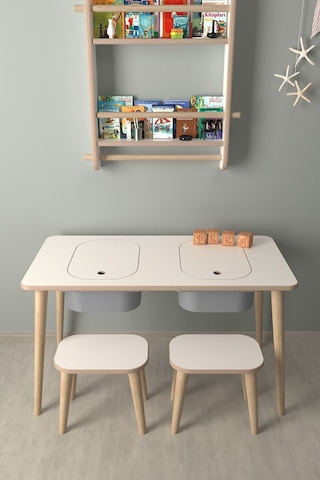 Çocuk Oyun Ve Aktivite Masası - 2 Tabure - Gri Sepetli Beyaz-gri Beyaz - Gri