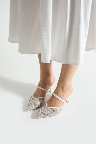Lebibe Shoes Mına Kadın Beyaz File Taşlı 7 Cm Topuklu Slingback Sivri Burun Abiye Ayakkabı