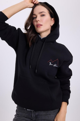 Tudors Kadın Oversize Geniş Kesim Pamuklu Yumuşak Dokulu İçi Polarlı Baskılı Siyah Kapüşonlu Sweatshirt-41535 SiYAH